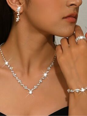 Silver Crystal V-Point Necklace - Sparkling Silver Tone